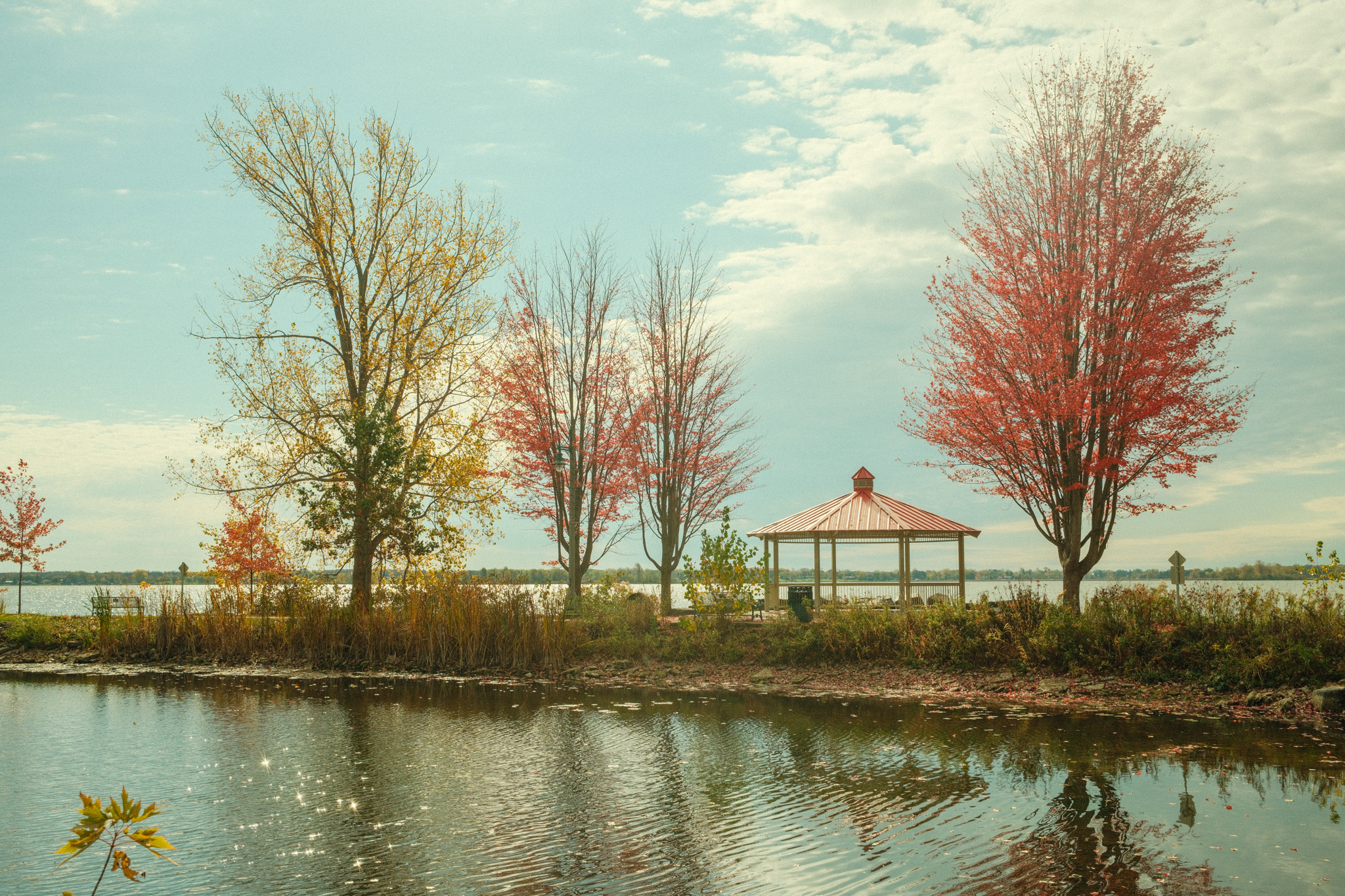 Red gazebo on Bay of Quinte