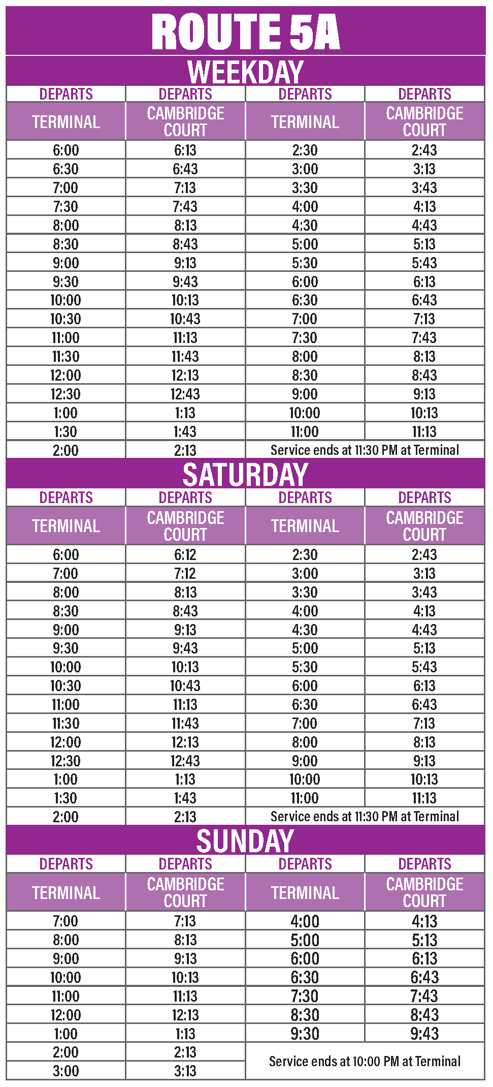 Route 5A Schedule