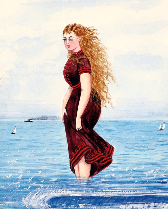 Drawing of a woman in a bathing costume, standing in water.