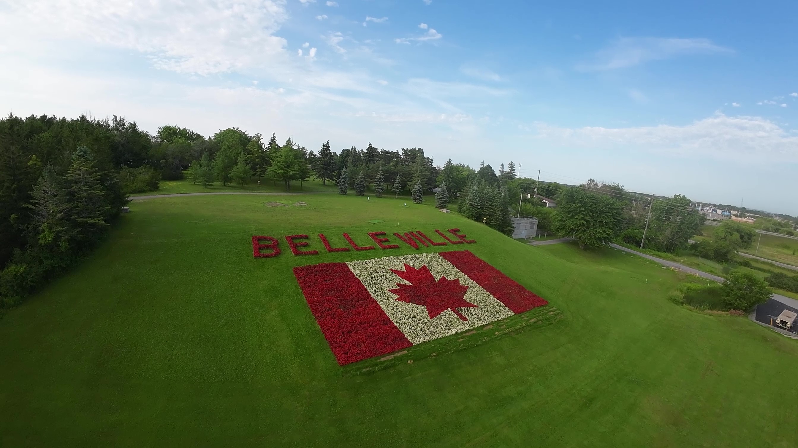 Canadian flag floral display on 401 hill