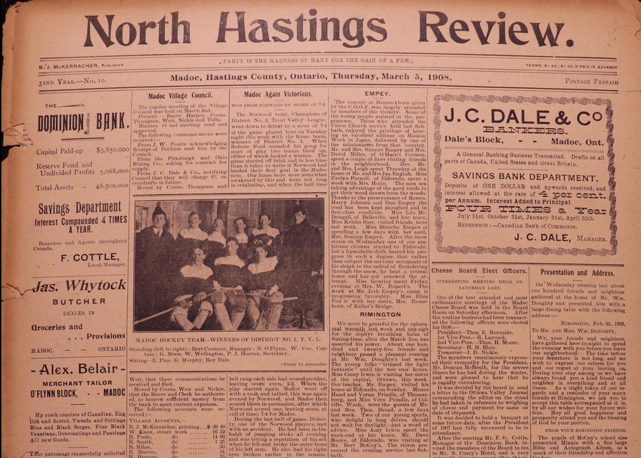 Front page of the Madoc Review newspaper.
