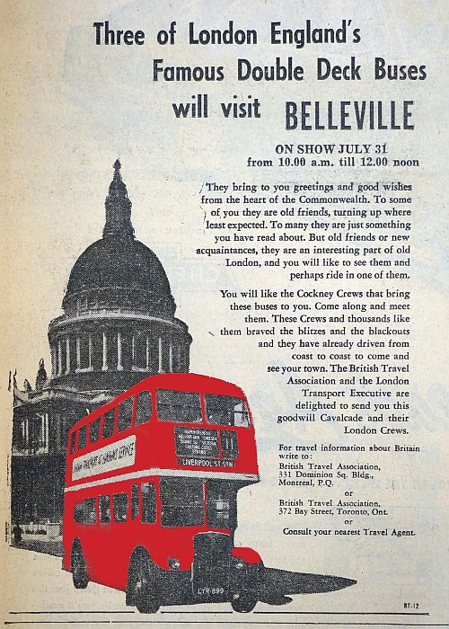 Newspaper ad with red London bus.