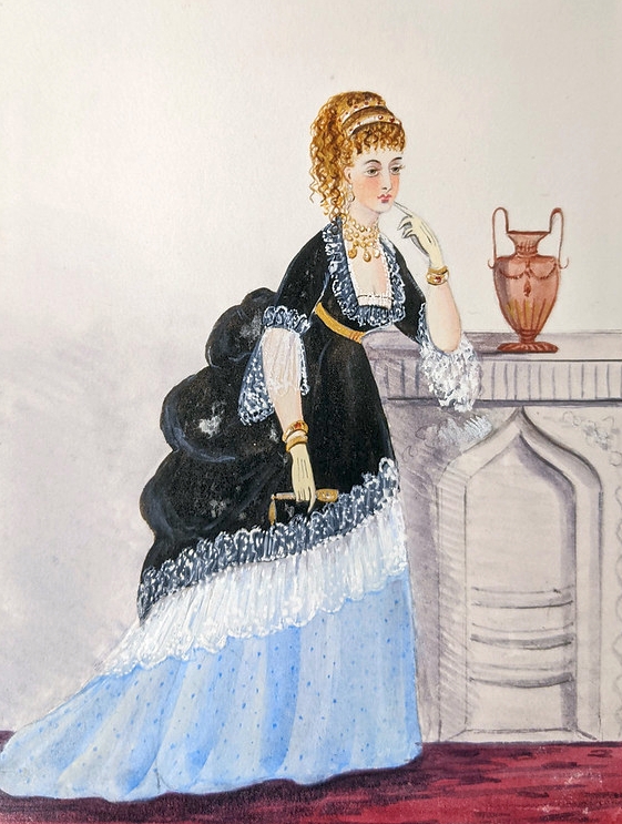 Drawing of a woman in a black ballgown.