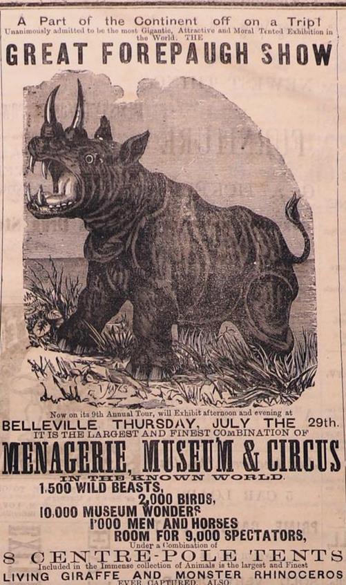 Newspaper ad for a circus with a "monster rhinoceros".