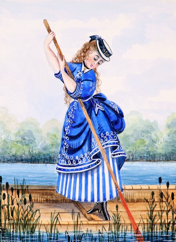 Drawing of a woman in a sailor dress on a boat.