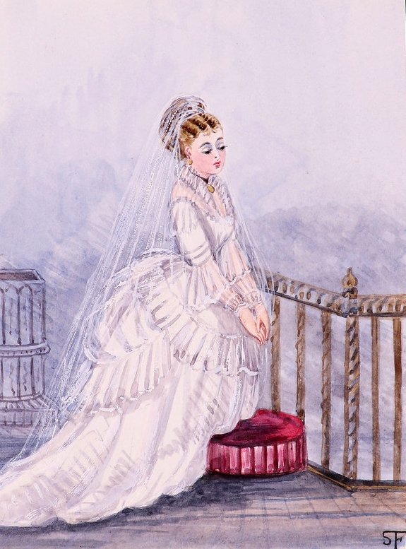 Drawing of a woman in a white dress, kneeling.