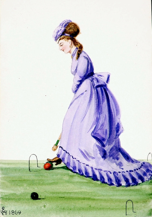Drawing of a woman in a purple dress, playing croquet.