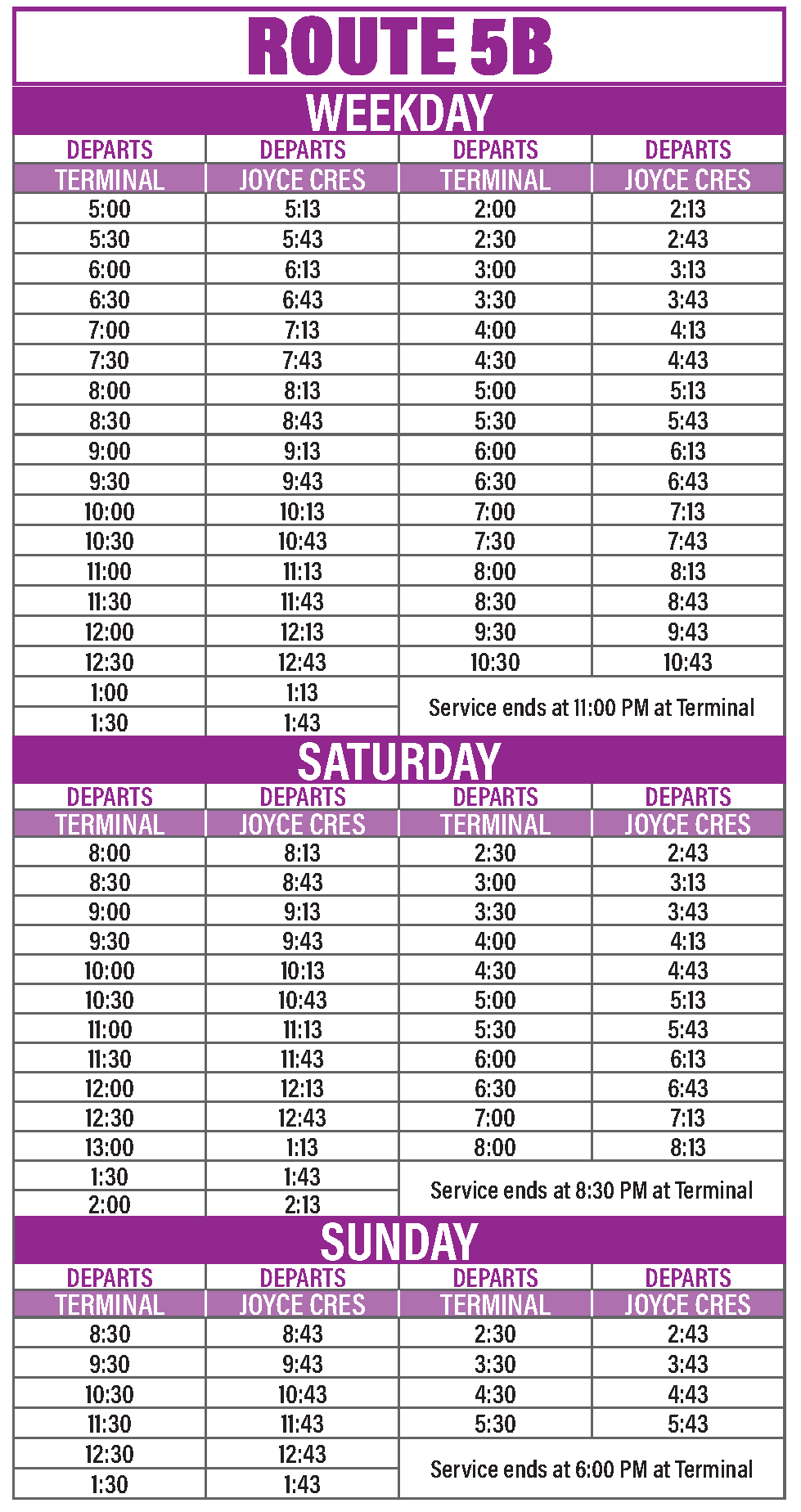 Route 5B Schedule