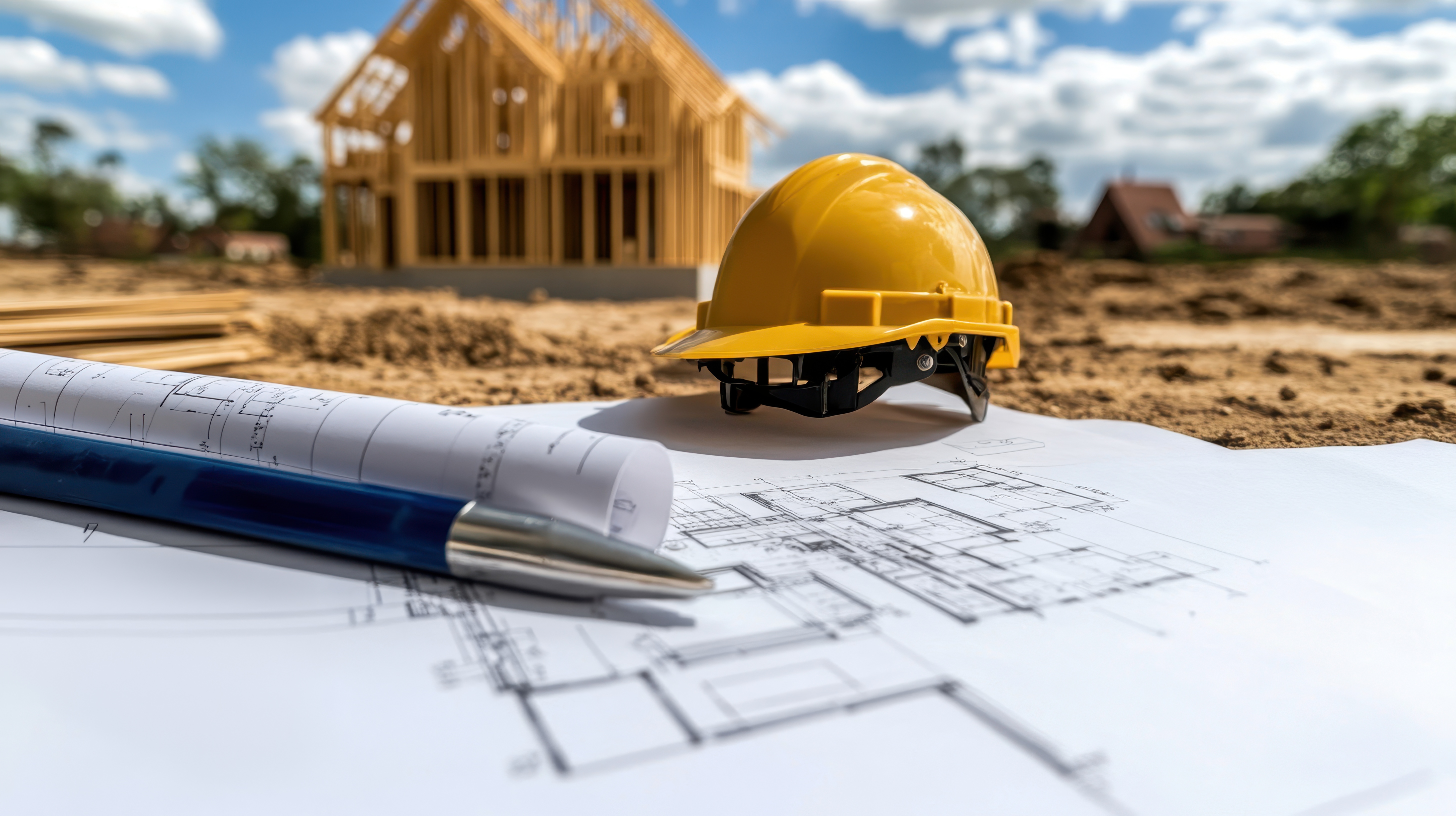 Hard hate, pen and construction drawings with house under construction in background