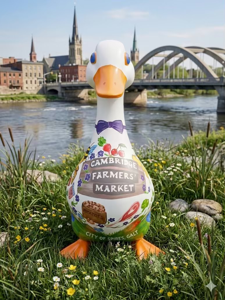 A 4.5-foot-tall fibreglass goose standing on grass in front of a river and arched bridge.  The goose is white with an orange beak and is wearing a purple bowtie. Its body is decorated with image of fruits, vegetables, meat and flowers with the words Cambridge Farmers Market across its chest.