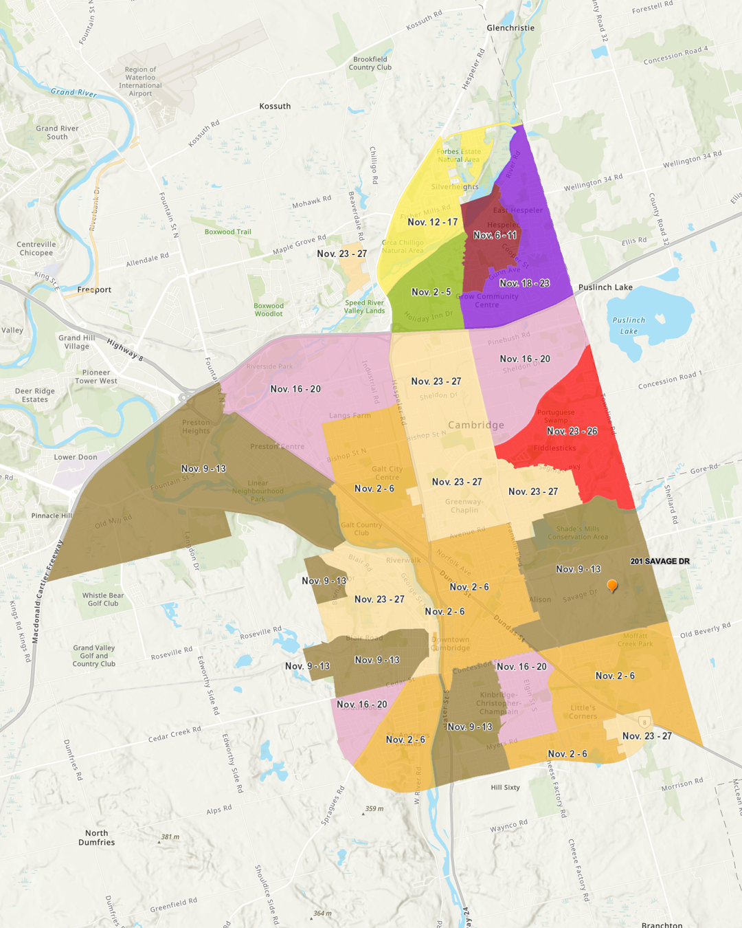 2026 Cambridge leaf collection map showing pickup zones and collection weeks.