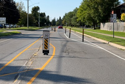 Chicane installed on Mearns Avenue in Bowmanville. A series of painted S-shaped curves to visually narrow the roadway and encourage drivers to reduce their speed as they travel through the area.