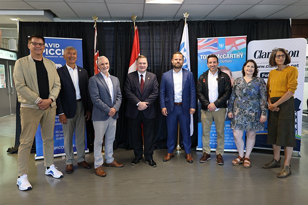 (Pictured left to right from initial funding announcement): Lloyd Rang, Councillor for Ward 2, Willie Woo, Regional Councillor for Wards 3 and 4, Adrian Foster, Mayor of Clarington, Todd McCarthy, Member of Provincial Parliament for Durham, David Piccini, Member of Provincial Parliament for Northumerland-Peterborough South, Sami Elhajjeh, Councillor for Ward 1, Corinna Traill, Councillor for Ward 3, and Margaret Zwart, Councillor for Ward 4.