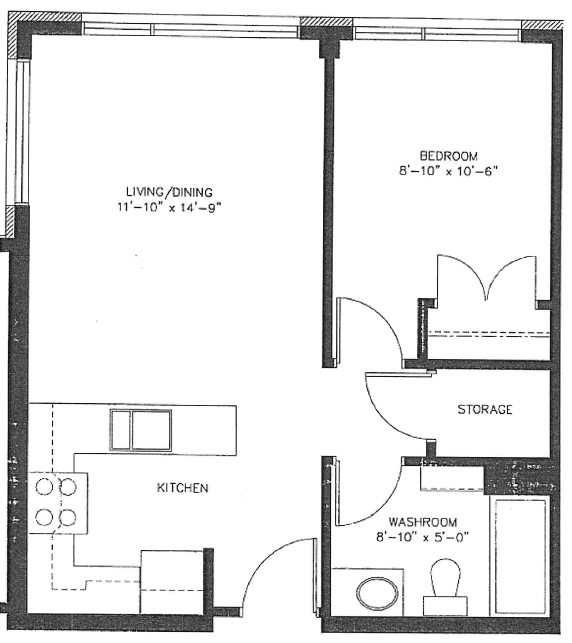 Door opens into the kitchen, facing the dining and loving room. On the right is a hallway that faces the storage room, with the bedroom on the left, and bathroom on the right.