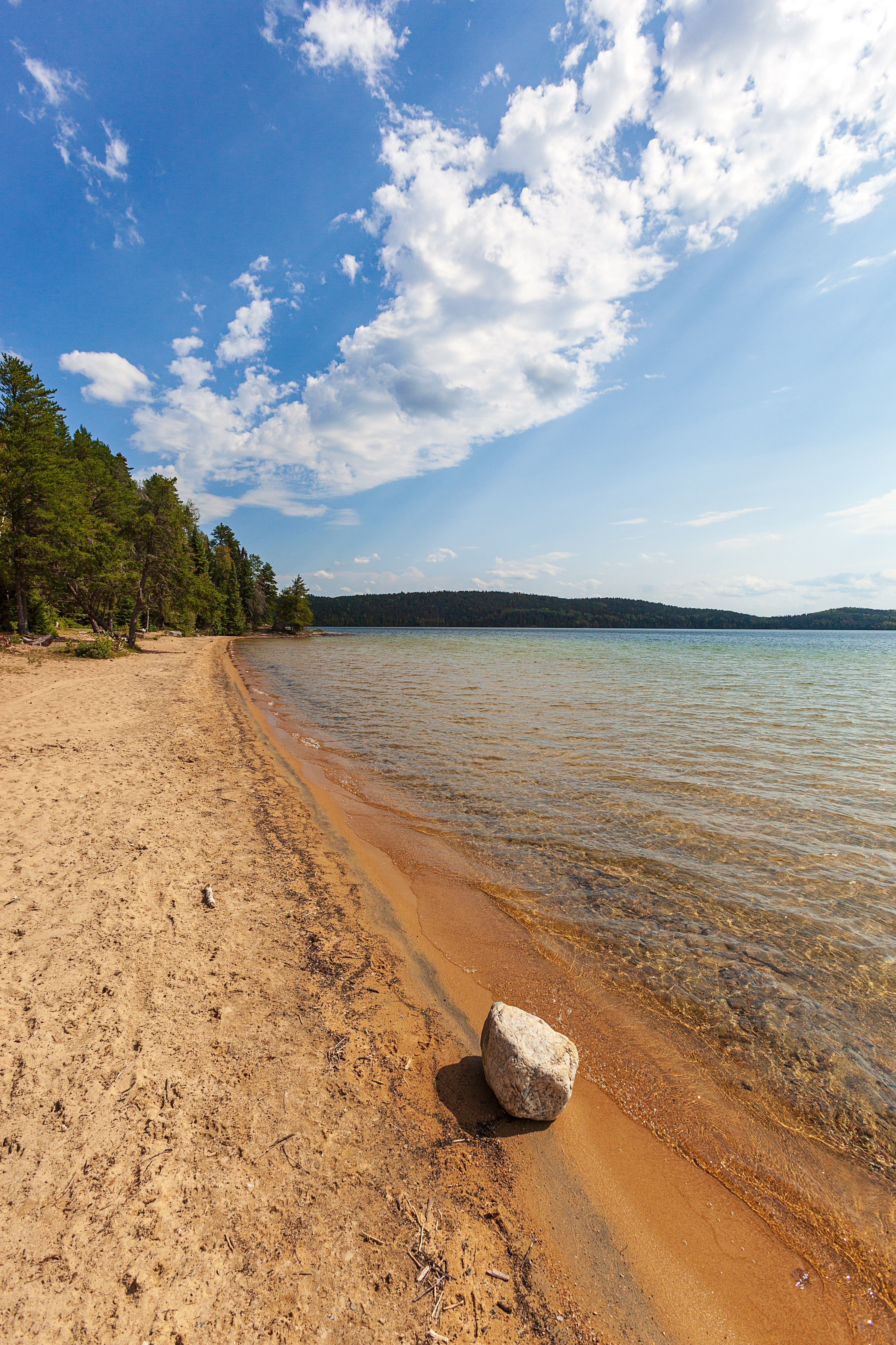 A long stretch of sandy beach beside clear lake water, bordered by trees under a bright blue sky with scattered clouds