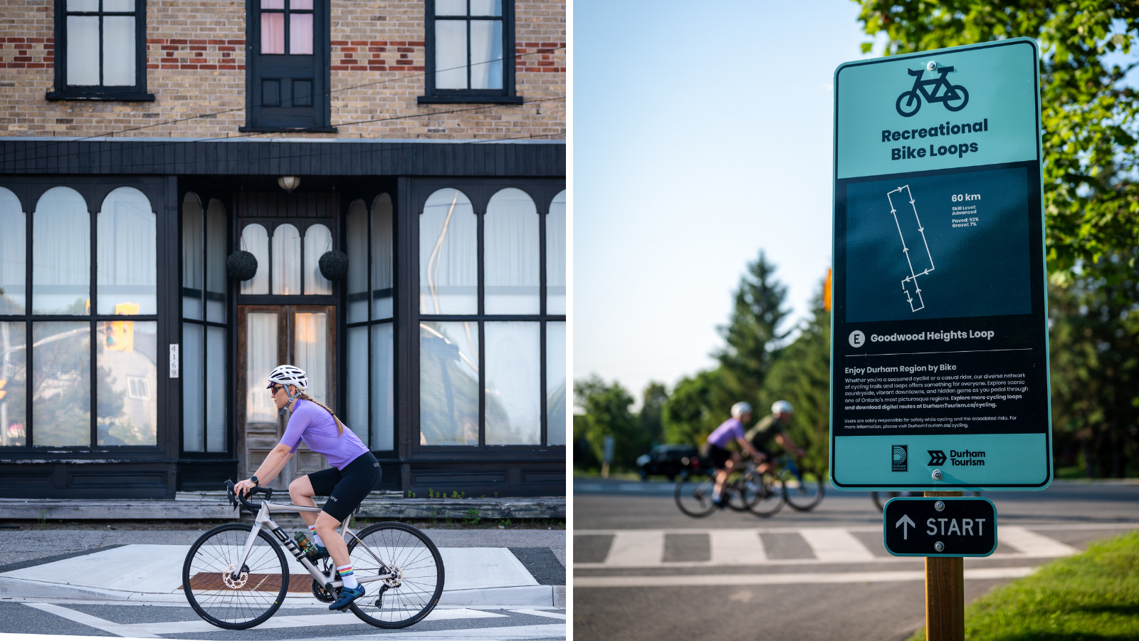 Collage of cyclists and road signage along the Goodwood Heights cycling loop in Uxbridge, Ontario
