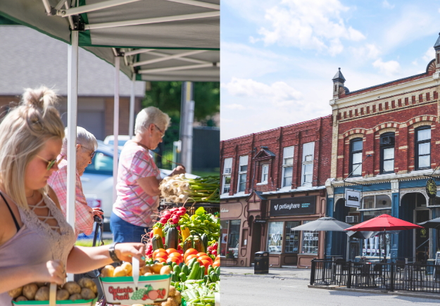 Clarington Farmers Market. Downtown Port Perry image of sandwich board and clothing shop.