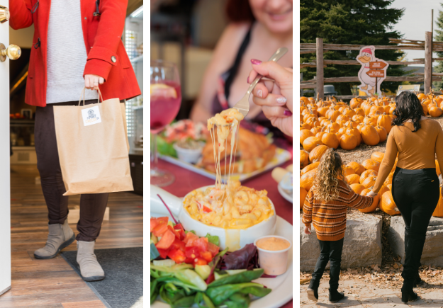 A three-panel image. Left: A person holds a paper shopping bag while opening a door. Center: A dining setup with a hand pulling cheesy pasta from a bowl, surrounded by a salad and drink. Right: Two people, one adult and one child, walk hand in hand through a pumpkin patch.