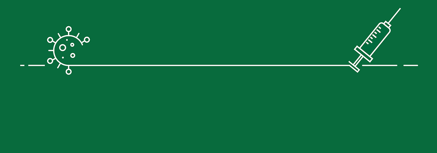 A stylized illustration of a virus icon on the left connected by a horizontal line to a syringe icon on the right, set against a green background.