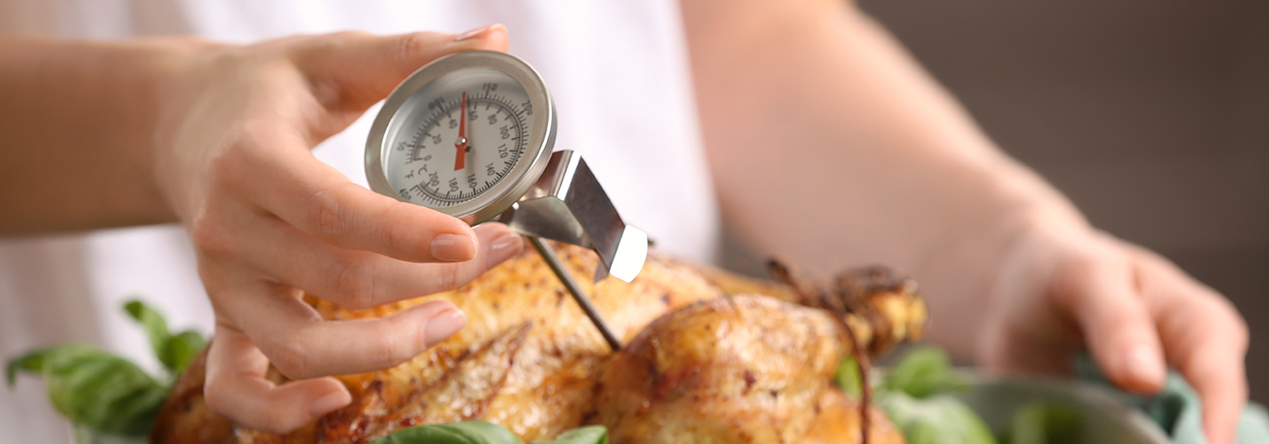 Woman at home using a meat thermometer to check temperature for safety