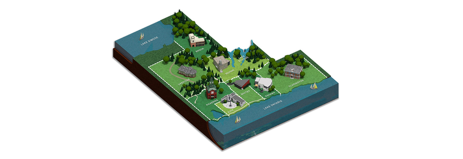 An illustrated map of Durham Region