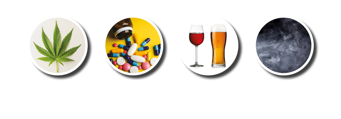 Four circular images showing: a green cannabis leaf, various colorful pills spilling from a bottle, a glass of red wine and a glass of beer, and swirling smoke.