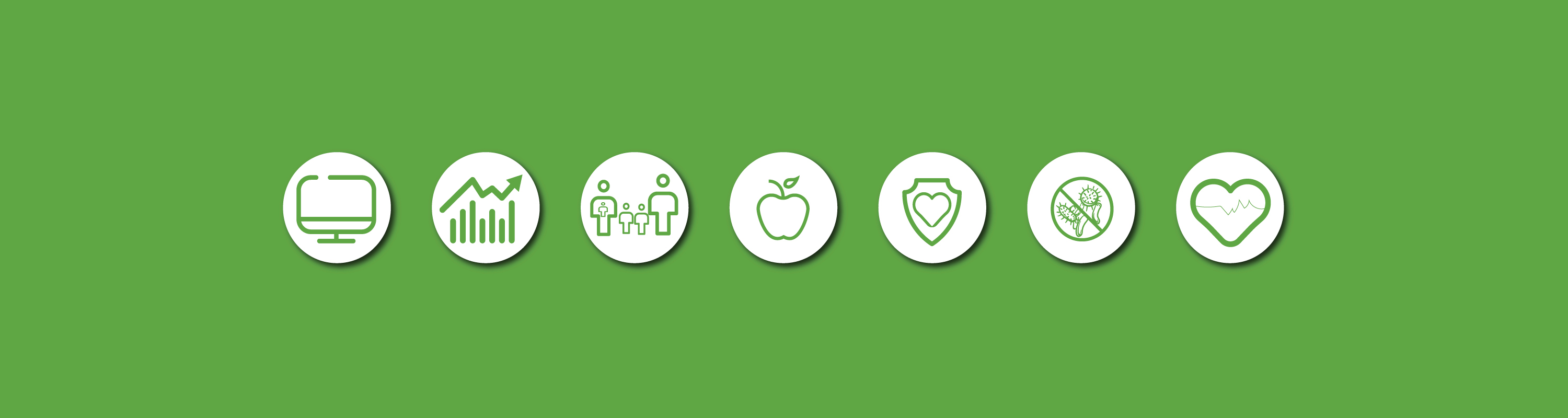 Icons in white, on a green background, representing Health Department programs and services.