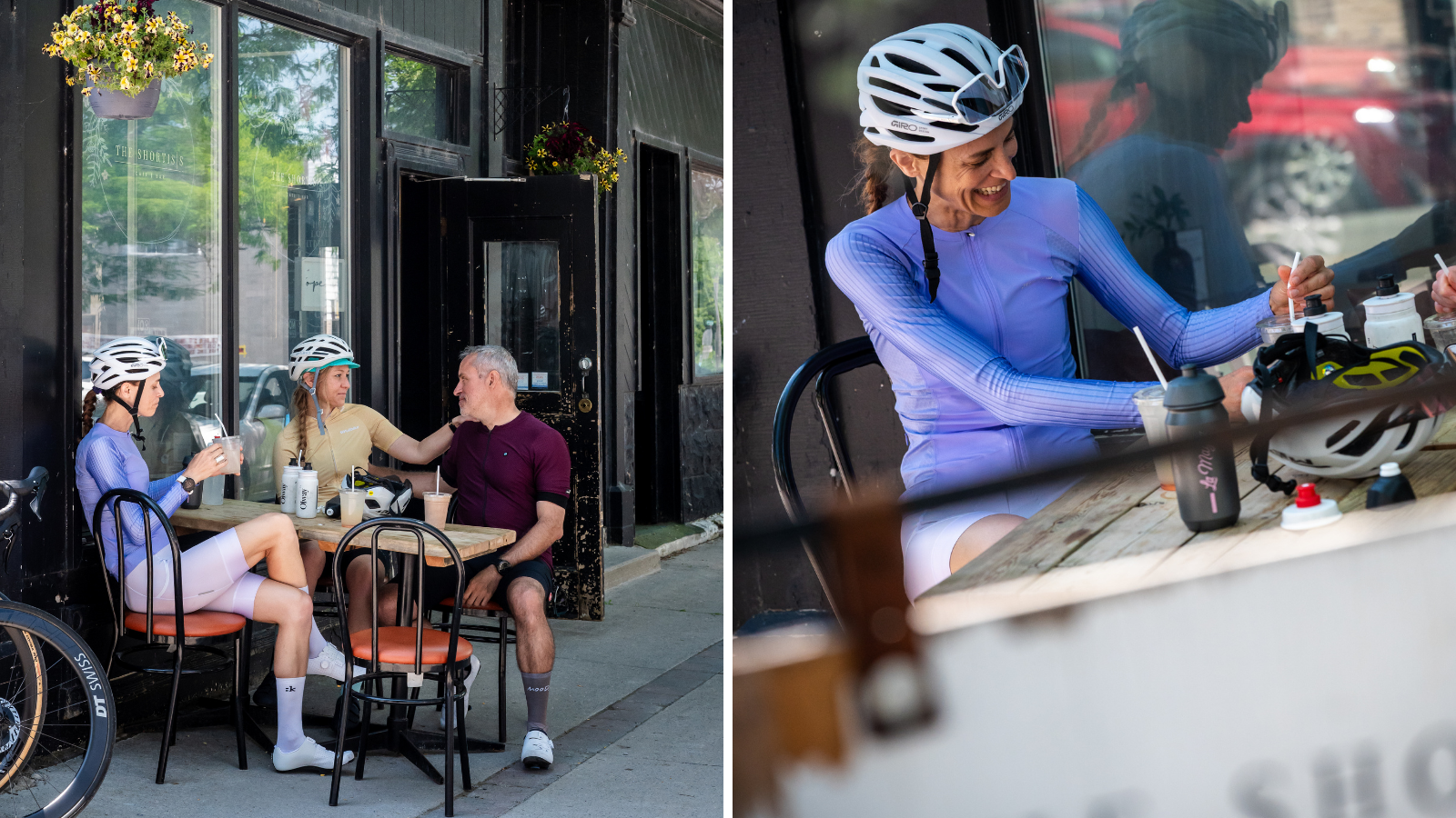 Collage of cyclists dining on the patio at The Shortiss Cafe in Beaverton, Ontario