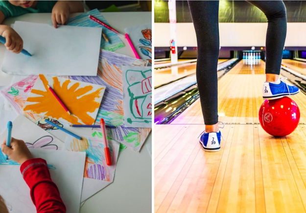 Left shows children and their artwork. Right shows a person with their right foot on a bowling ball.