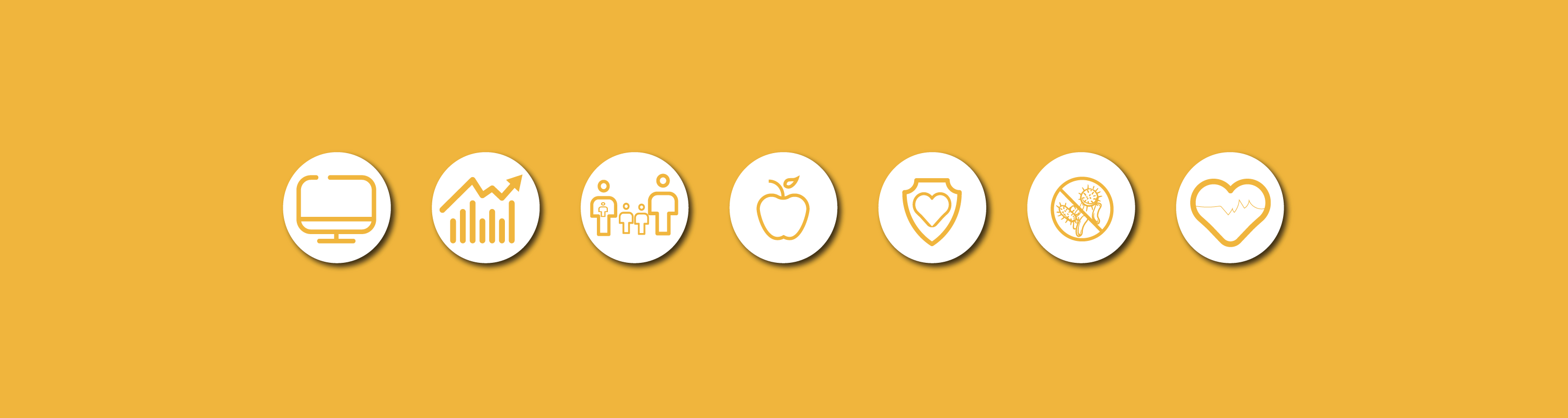 A series of icons in white circles on a yellow background