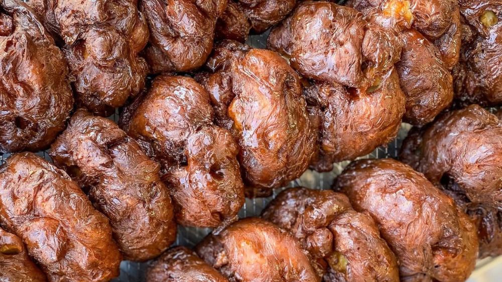 Rows of apple fritters from a bakery in Durham Region, Ontario