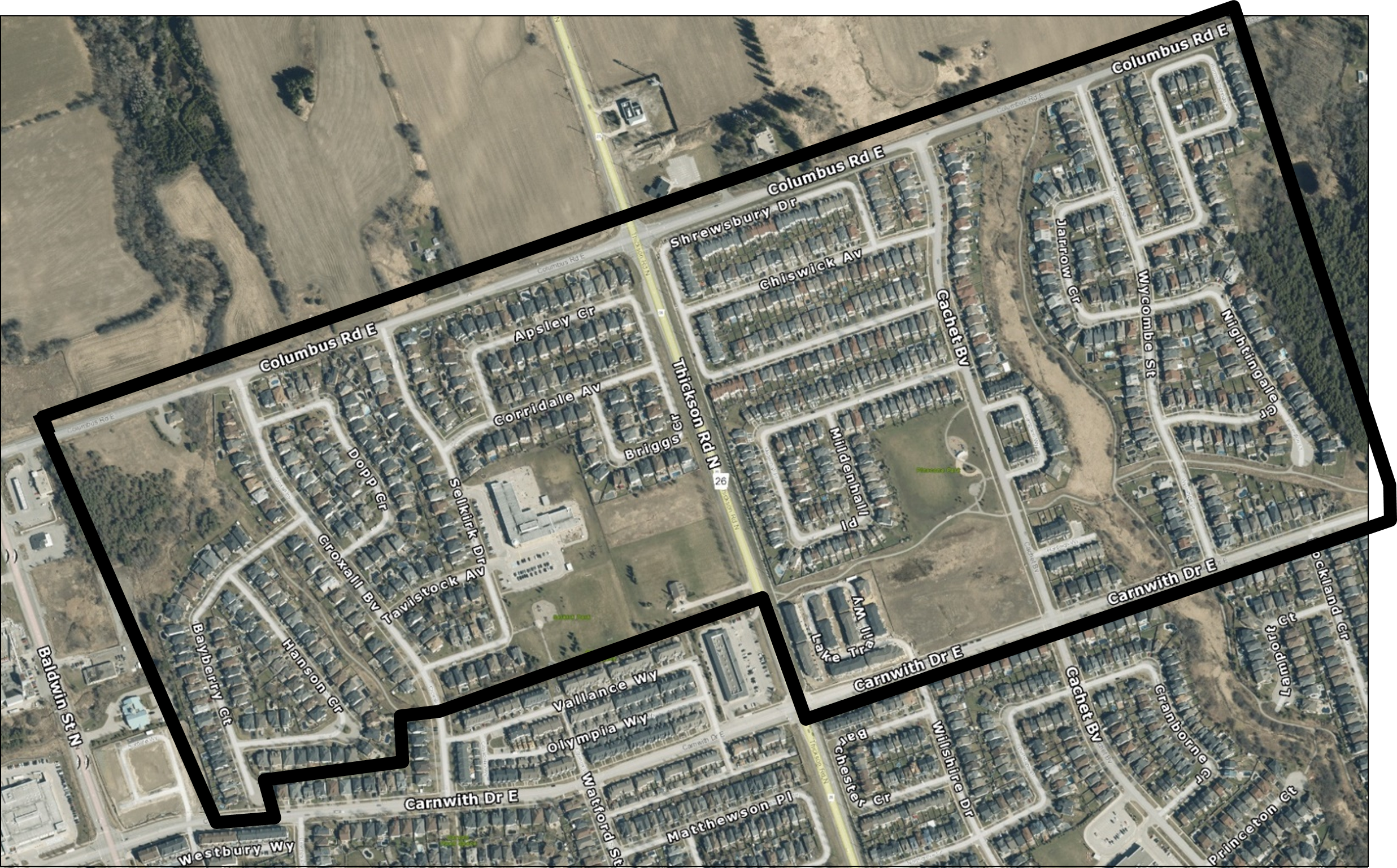 Village of Brooklin - Town of Whitby - planned short duration of low water pressure - Zone 4 map