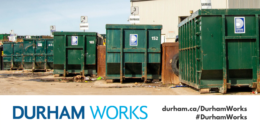 Disposal bins at the Oshawa Waste Management Facility. Text at bottom of graphic states: Durham Works, durham.ca/DurhamWorks, #DurhamWorks.