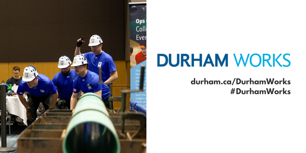 Image of participants working in a competition with the text "Durham Works durham.ca/DurhamWorks #DurhamWorks"