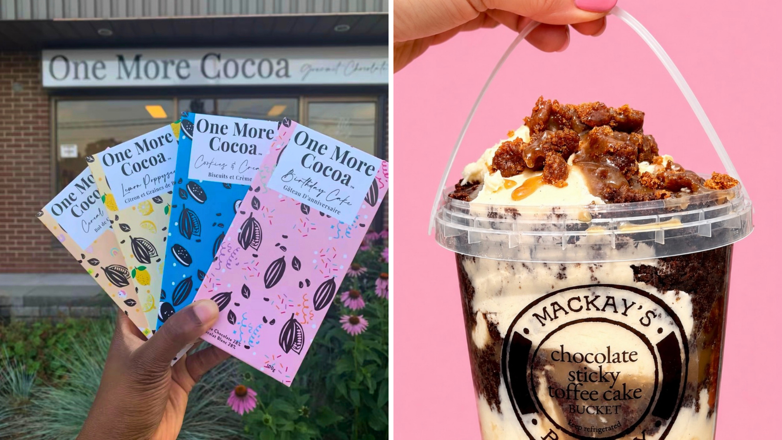 Collage of chocolate bars from One More Cocoa in Whitby and the viral cake bucket from MacKay's Bakery in Pickering, Ontario