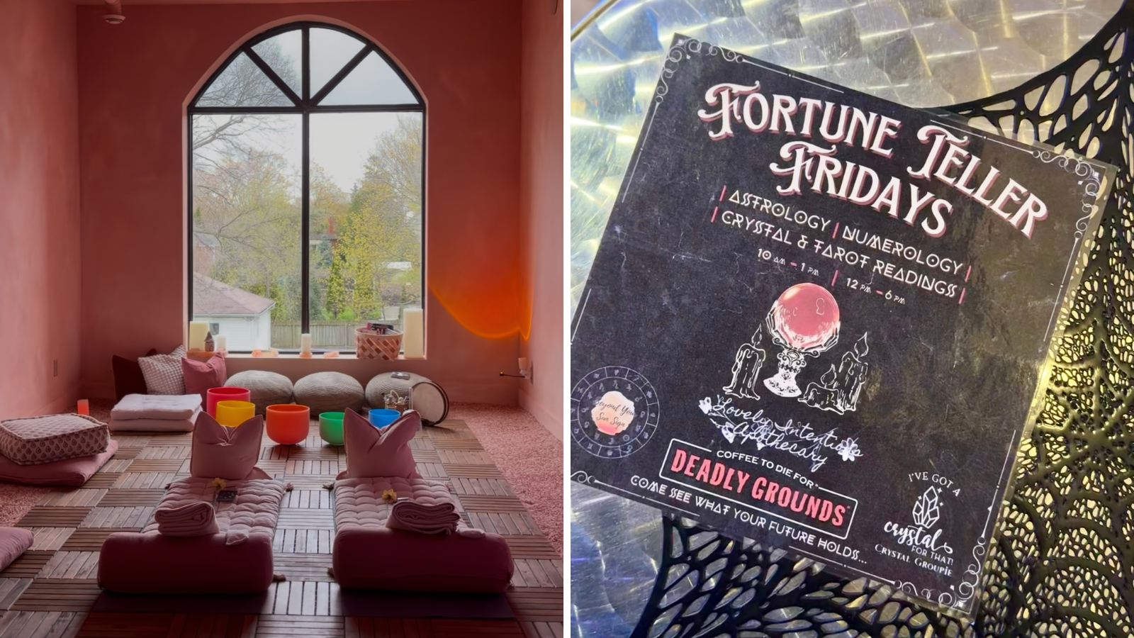 Collage of Salt Room Whitby and Fortune Teller Fridays at Coffin Creek Coffee in Courtice, Ontario