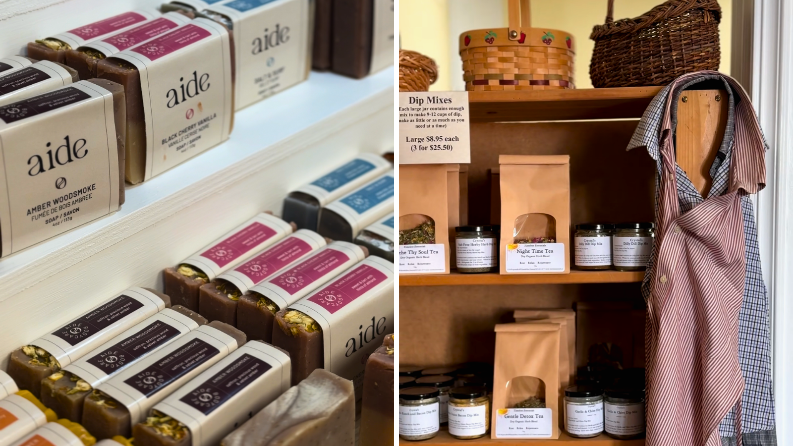 Collage of products from Aide Bodycare in Whitby and Timeless Essentials in Clarington, Ontario