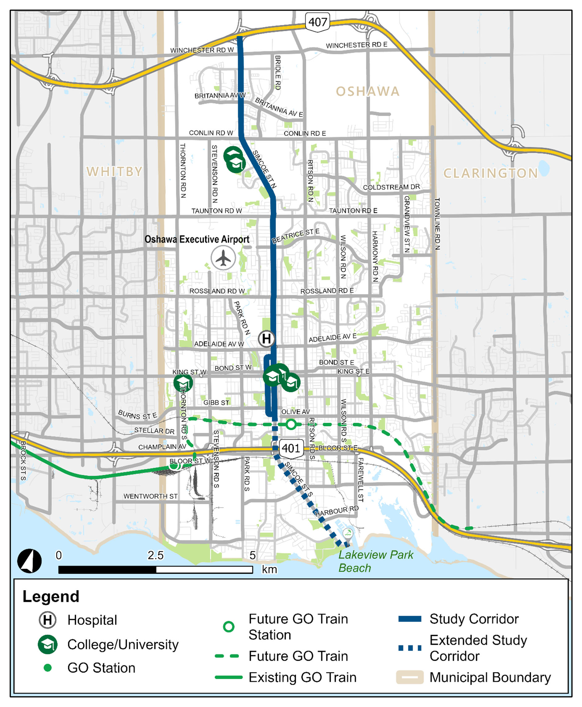 Map of Oshawa, Whitby, and surrounding areas, showing existing and future GO Train lines and stations. The map features main roads, the Oshawa Executive Airport, Lakeview Park Beach, and other landmarks. A legend indicates symbols for hospitals, colleges, and municipal boundaries.