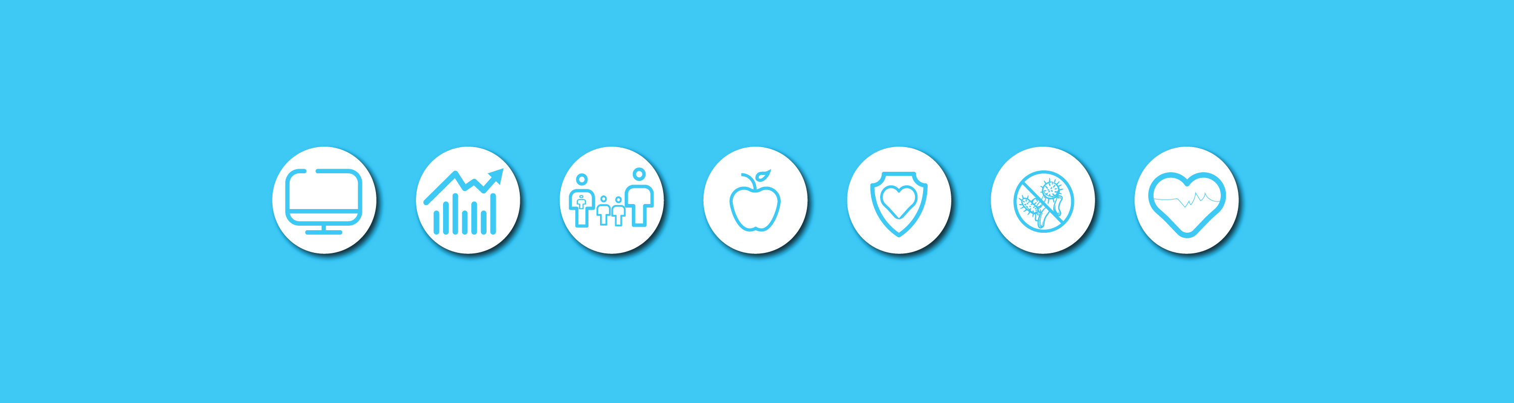 Icons against a blue background show various symbols related to health and wellness. They include a monitor with a heart, a bar chart with an upward arrow, a group of people, an apple, a shield, a symbol indicating "no virus," and a syringe with a medicine bottle.