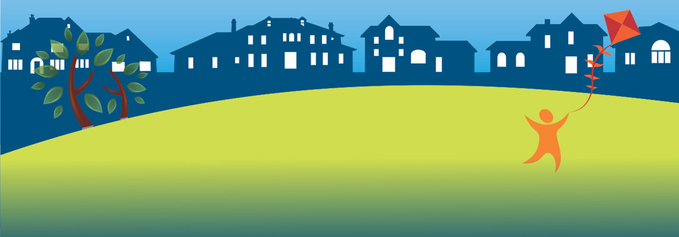 A stylized illustration of a landscape with a series of houses in the background, a tree on the left, and a person flying a kite on the right. The ground is a bright green with a blue sky above.