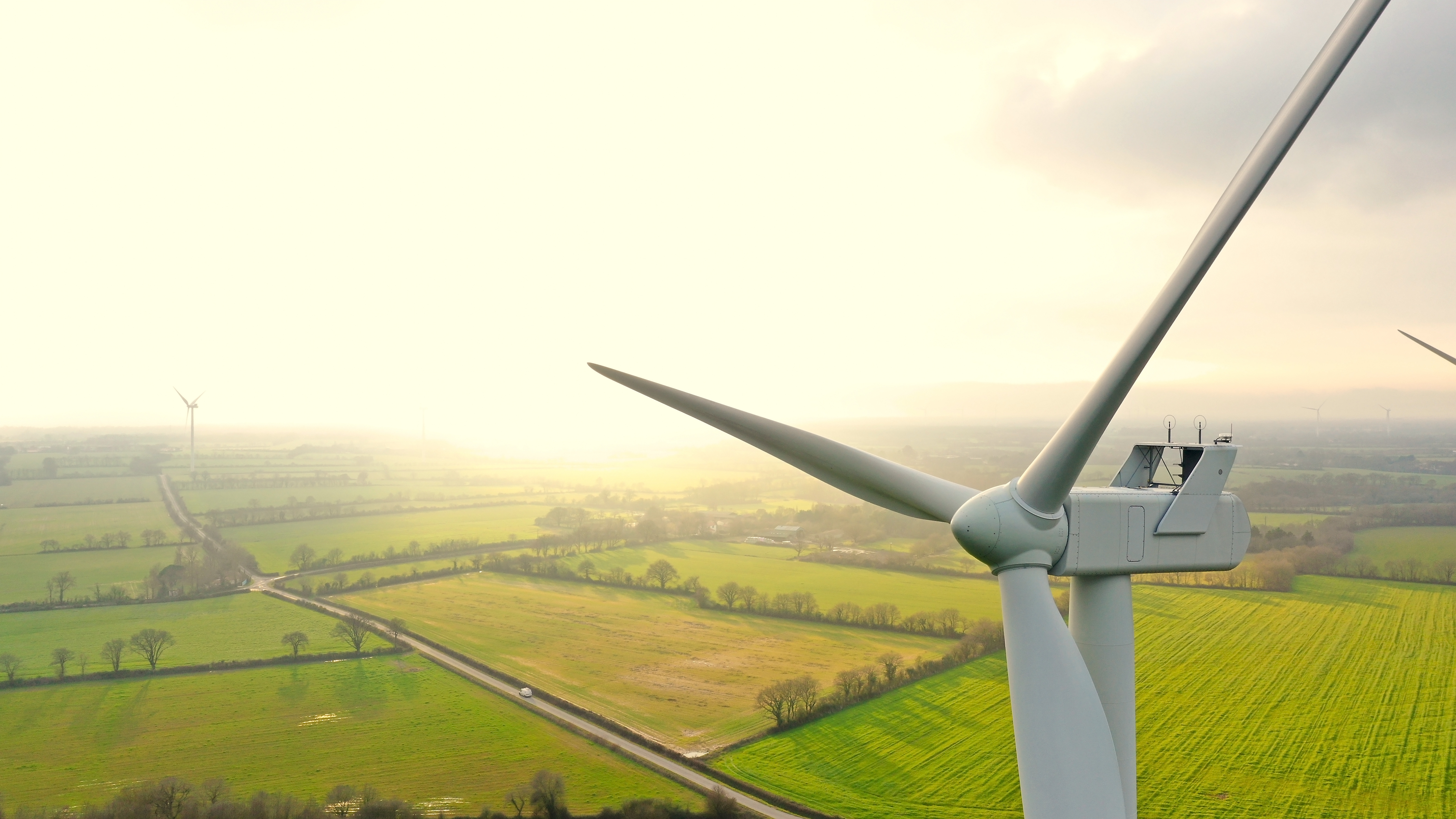 Ariel photo of a wind turbine. 