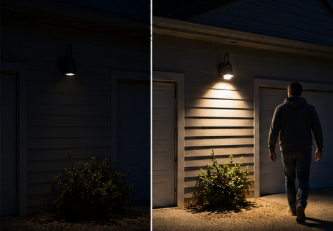 exterior house wall with light shining down on shrub