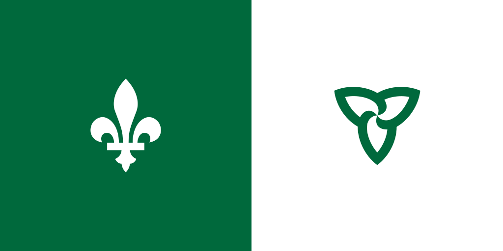 Franco-Ontarian Flag featuring a white fleur-de-lys on a green background on the left and a green trillium flower on a white background on the right.to
