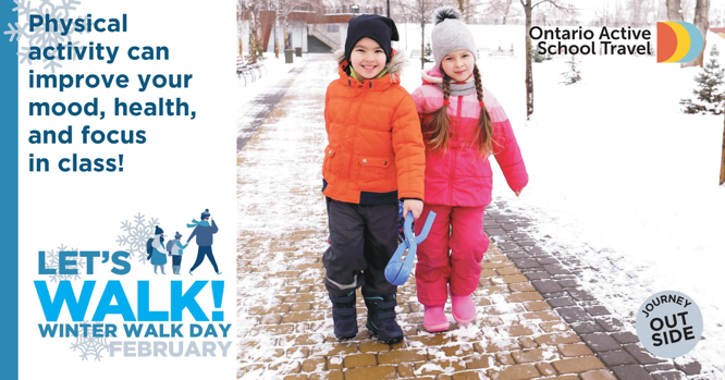 Let's walk winter walk day. two kids walking in snowsuits