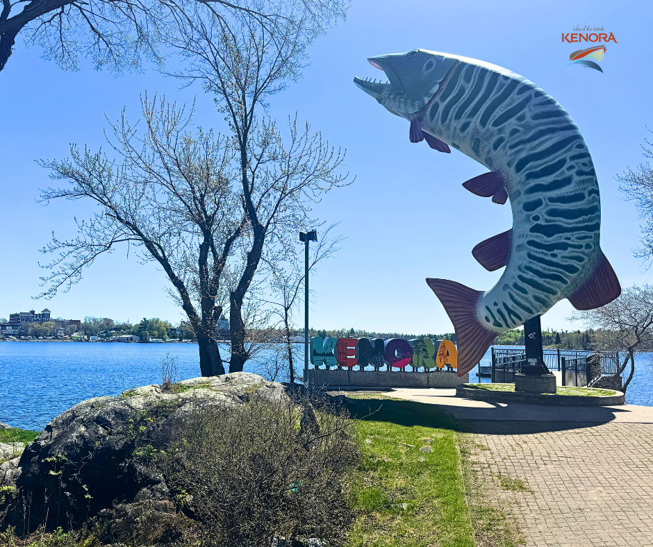 3D Kenora letters sign near large Husky the Muskie statue