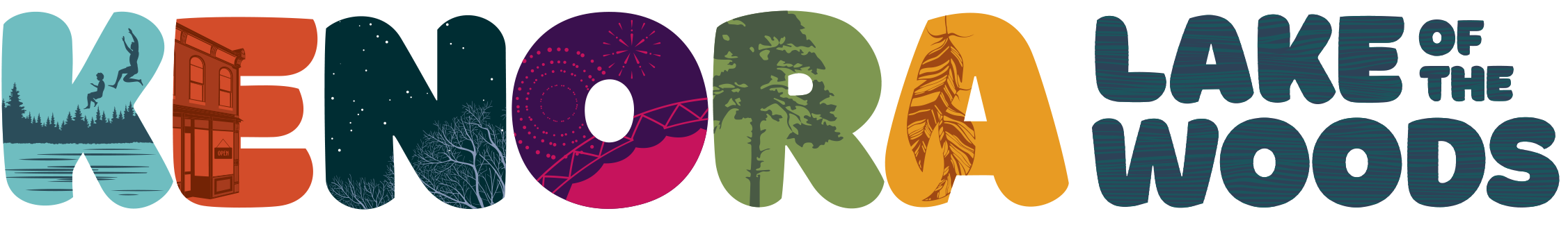 Bright coloured logo for Kenora, Lake of the Woods
