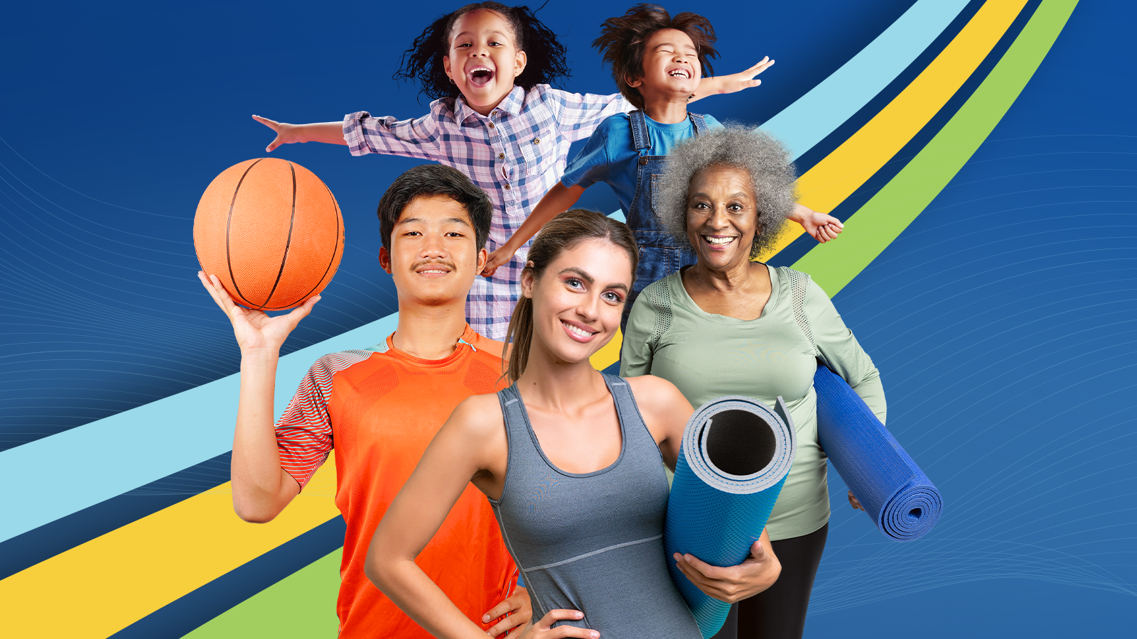 A graphic of a group of young and older people smiling in active gear