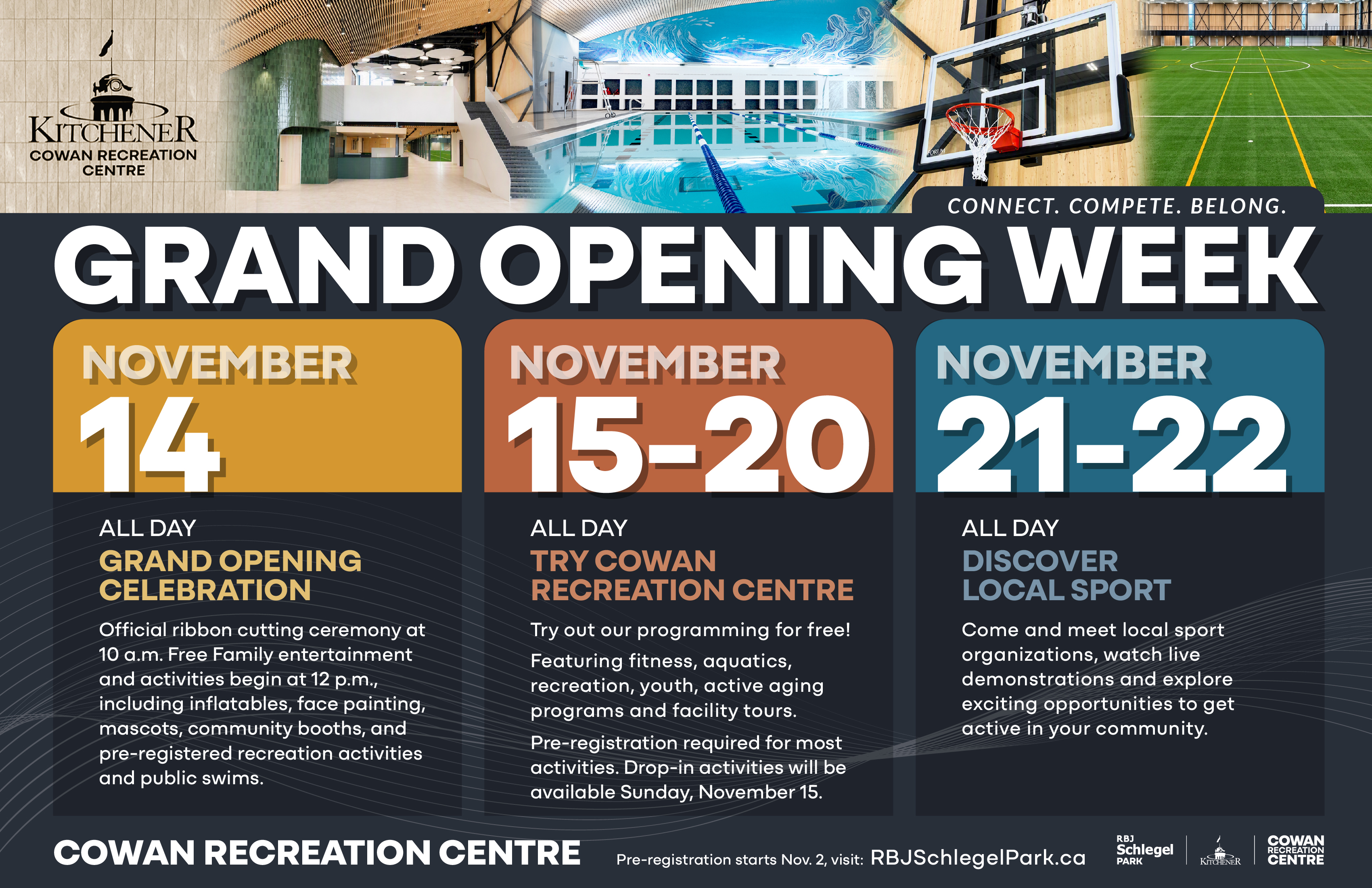 Promotional graphic for the Kitchener Cowan Recreation Centre Grand Opening Week. The banner features images of the recreation centre lobby, swimming pool, basketball court and indoor turf field. Event dates include November 14 for an all-day grand opening celebration with a ribbon cutting at 10 a.m. and family activities beginning at 12 p.m.; November 15-20 for free "Try Cowan Recreation Centre" programming, facility tours and public swims; and November 21-22 for a local sport showcase with demonstrations and community organizations. The graphic includes the tagline "Connect. Compete. Belong." and information about pre-registration beginning November 2 at RBJSchlegelPark.ca.