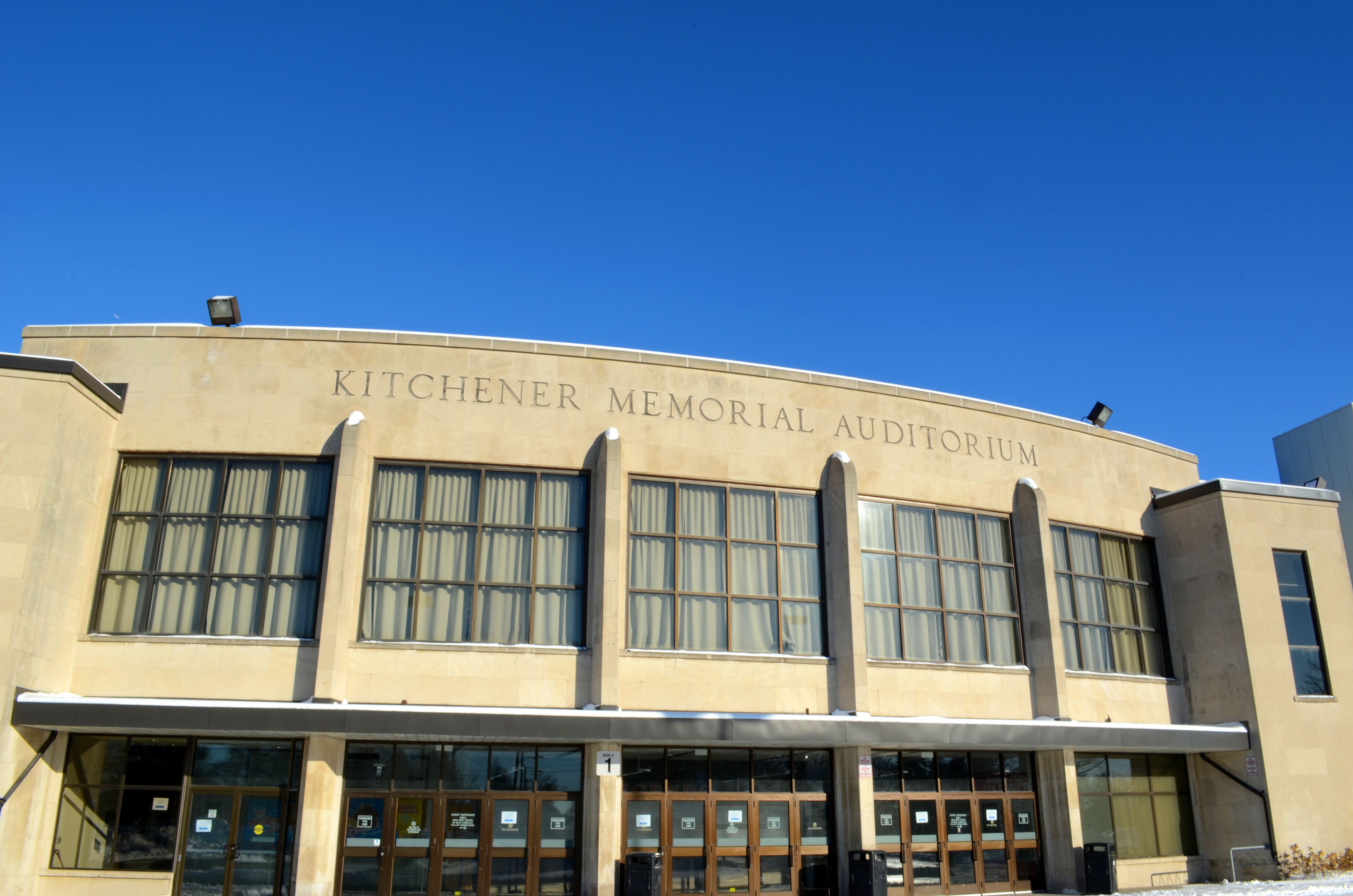 Front of auditorium that says Kitchener Memorial Auditorium on it