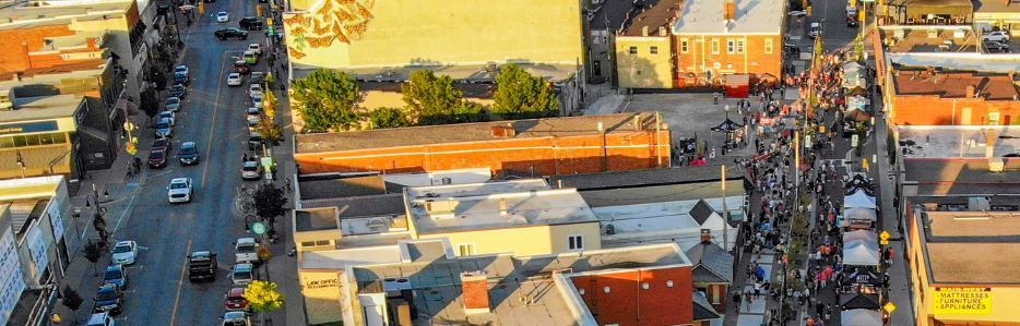 Drone image of Uptown Leamington in the summer